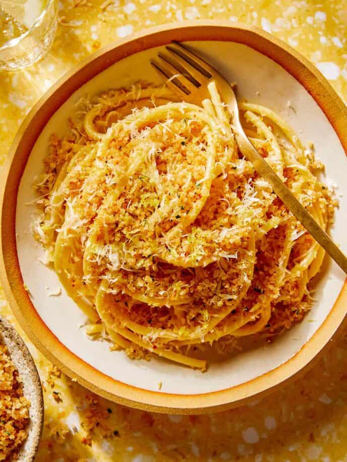 Garlic Lemon Pasta recipe in a bowl with a fork.