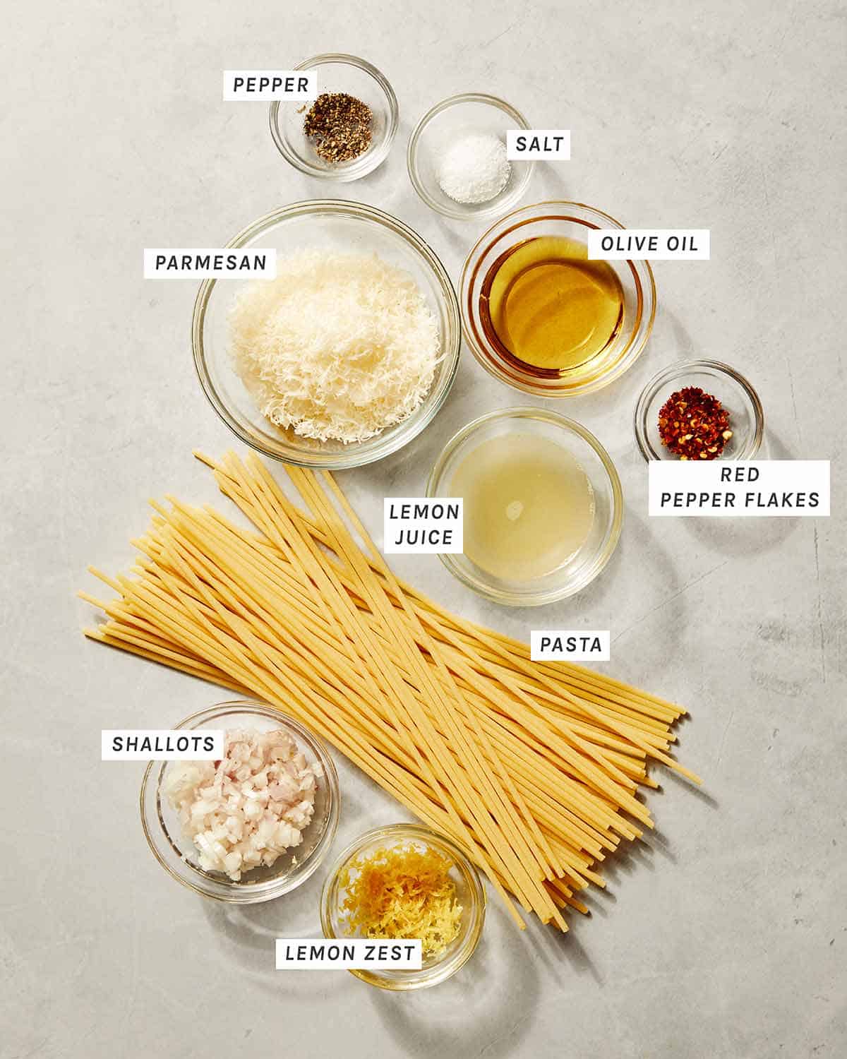 Lemon pasta ingredients on a counter.