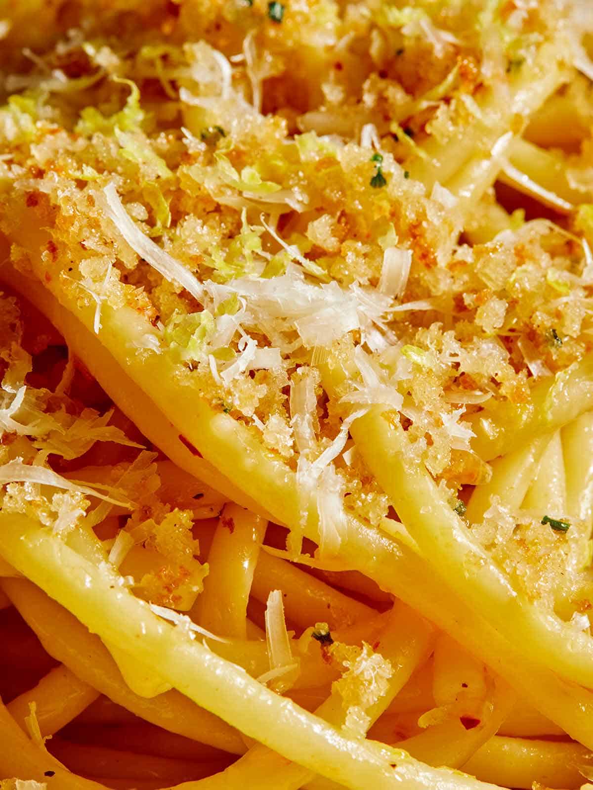 Lemon pasta up close in a bowl. 