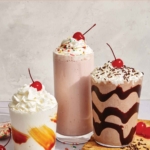 Milkshakes made from the same base recipe in different flavors.