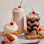 Milkshakes made from the same base recipe in different flavors.