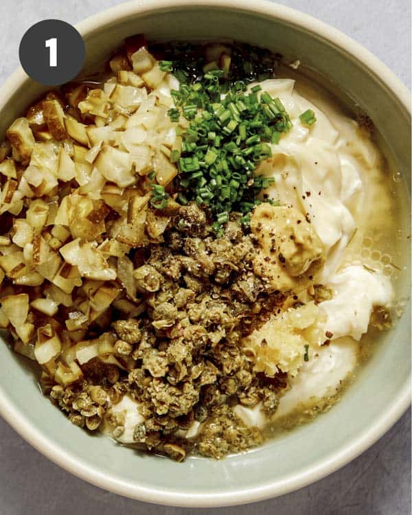 Tar tar sauce recipe ingredients in a bowl ready to be mixed together.