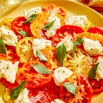 Caprese salad on a platter with mozzarella and basil.