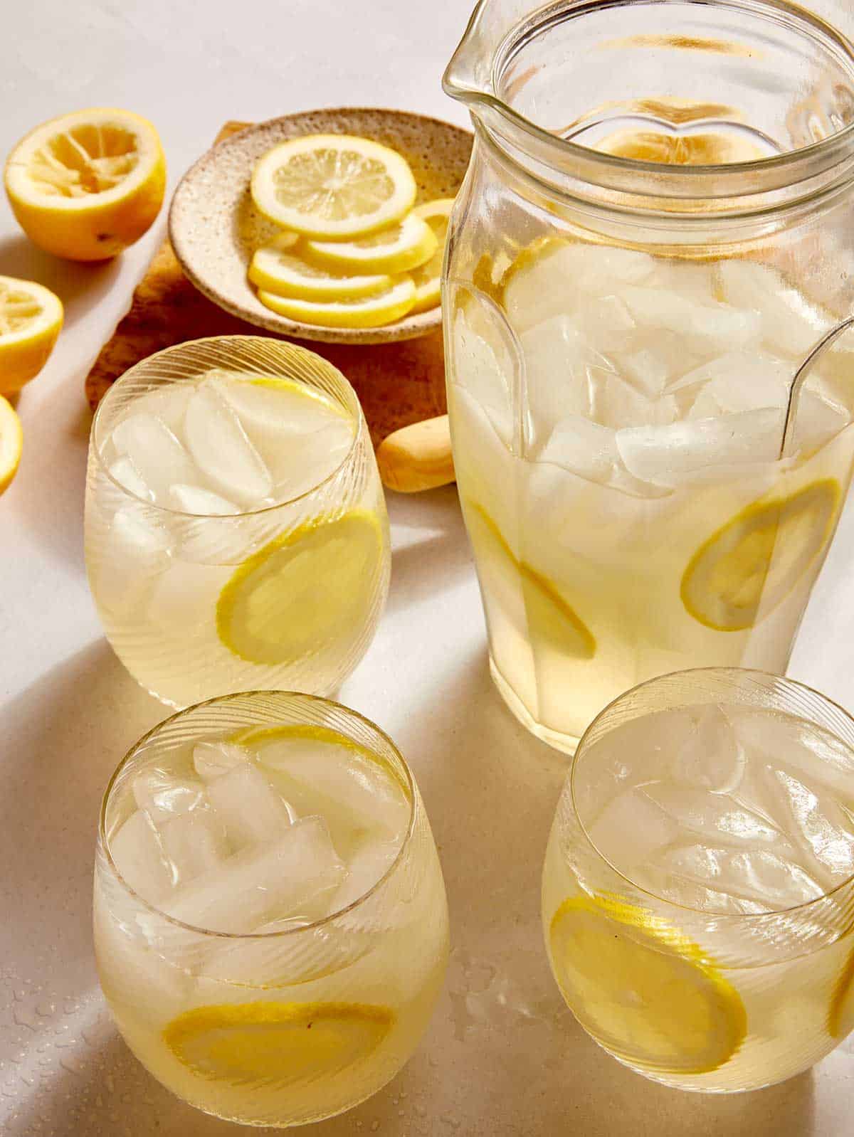 A classic lemonade recipe in a pitcher.