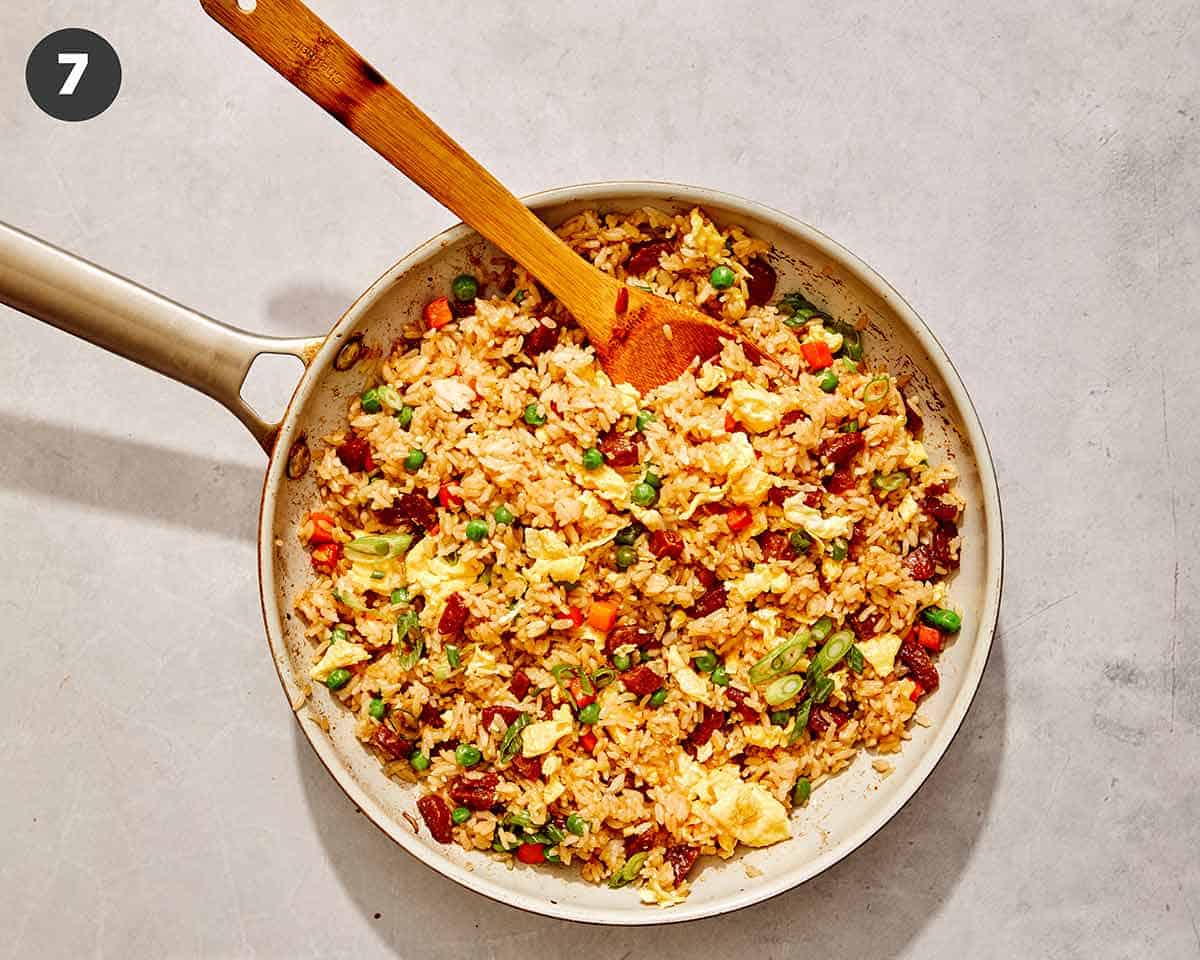 Fried rice in a skillet finished. 