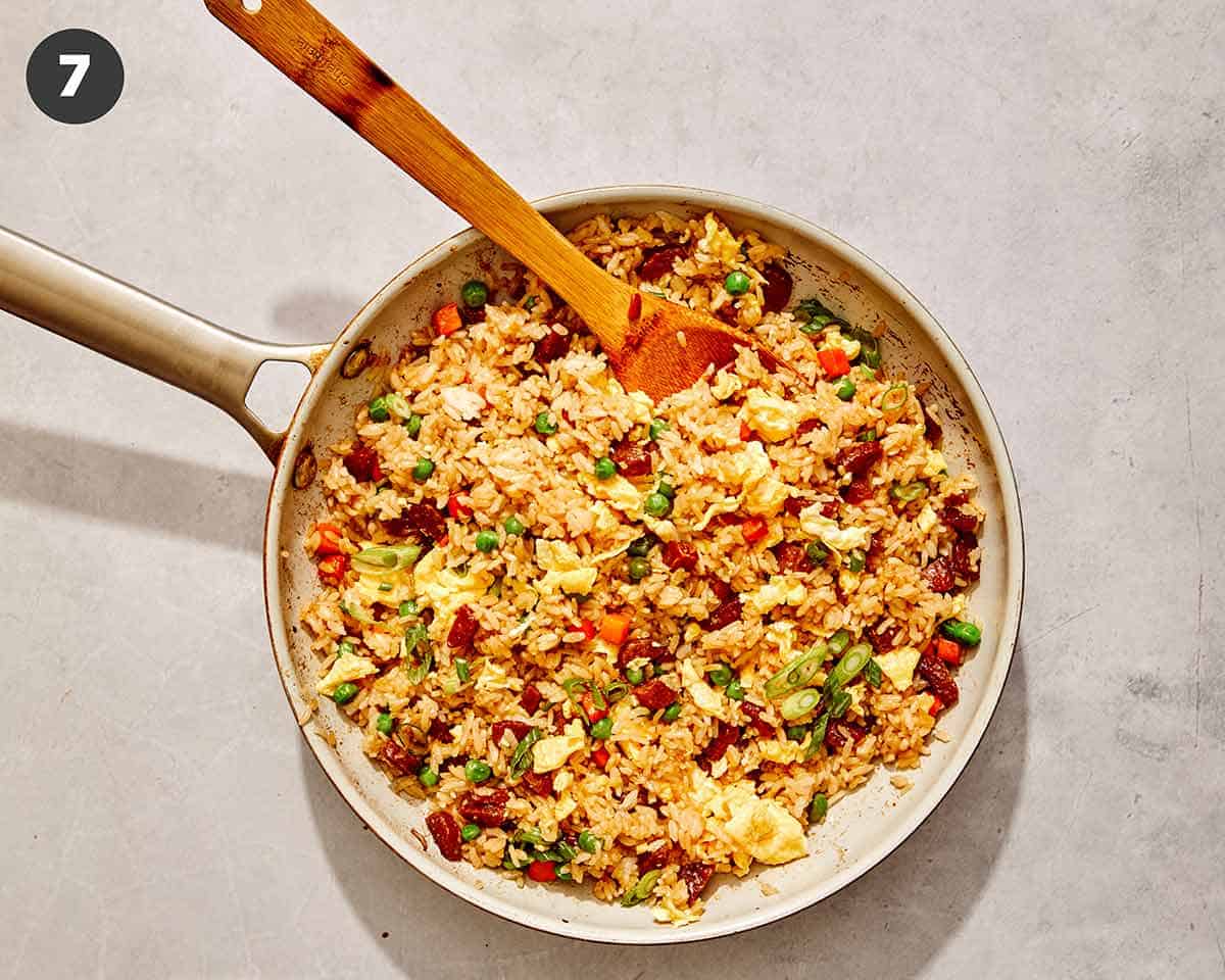 Fried rice in a skillet finished.