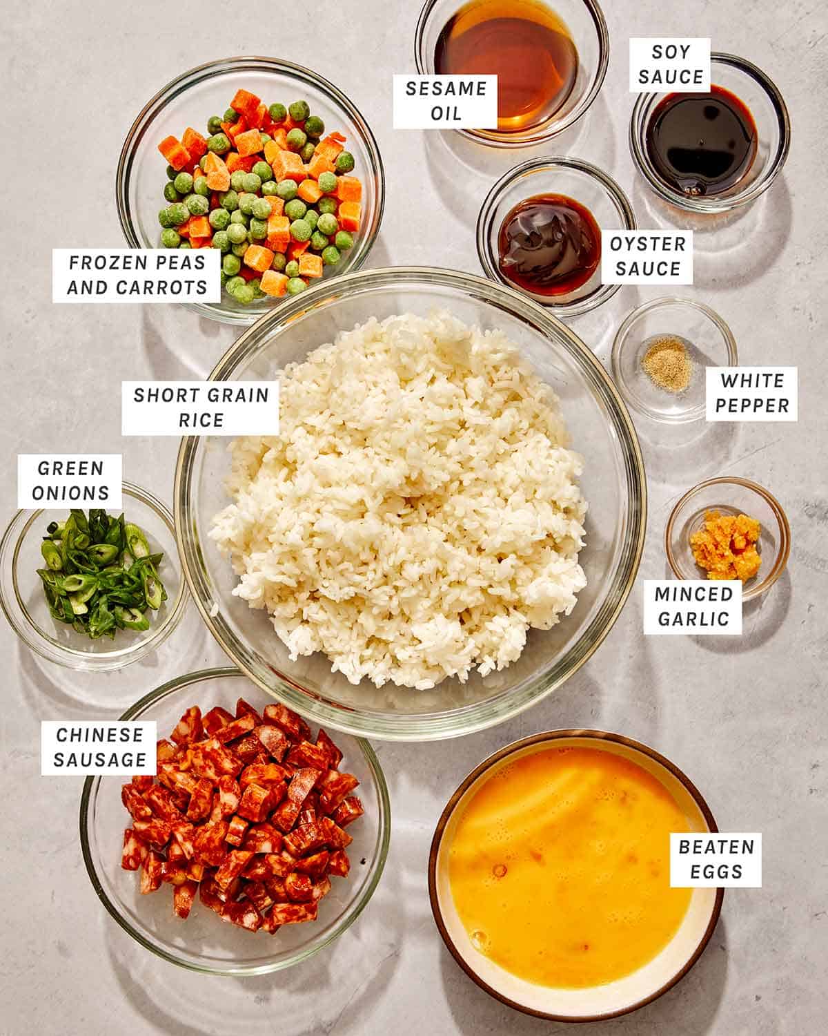 Fried rice ingredients on a kitchen counter. 