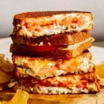 A classic tuna melt recipe cut in half and stacked.