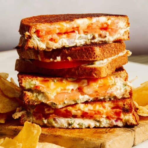 A classic tuna melt recipe cut in half and stacked.