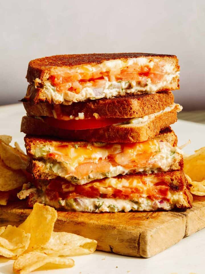 A classic tuna melt recipe cut in half and stacked.