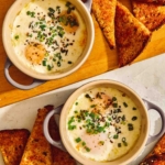 Baked eggs in cocotte with toast on the side.
