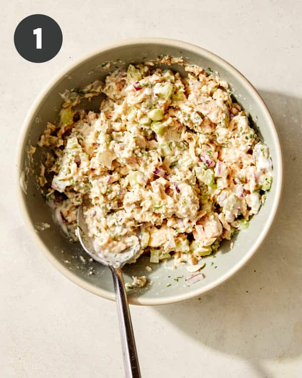 Tuna salad mixed in a bowl.
