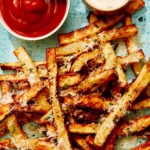 Air fryer french fries on a platter with ketchup and mayo.