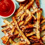 Air fryer french fries on a platter with ketchup and mayo.