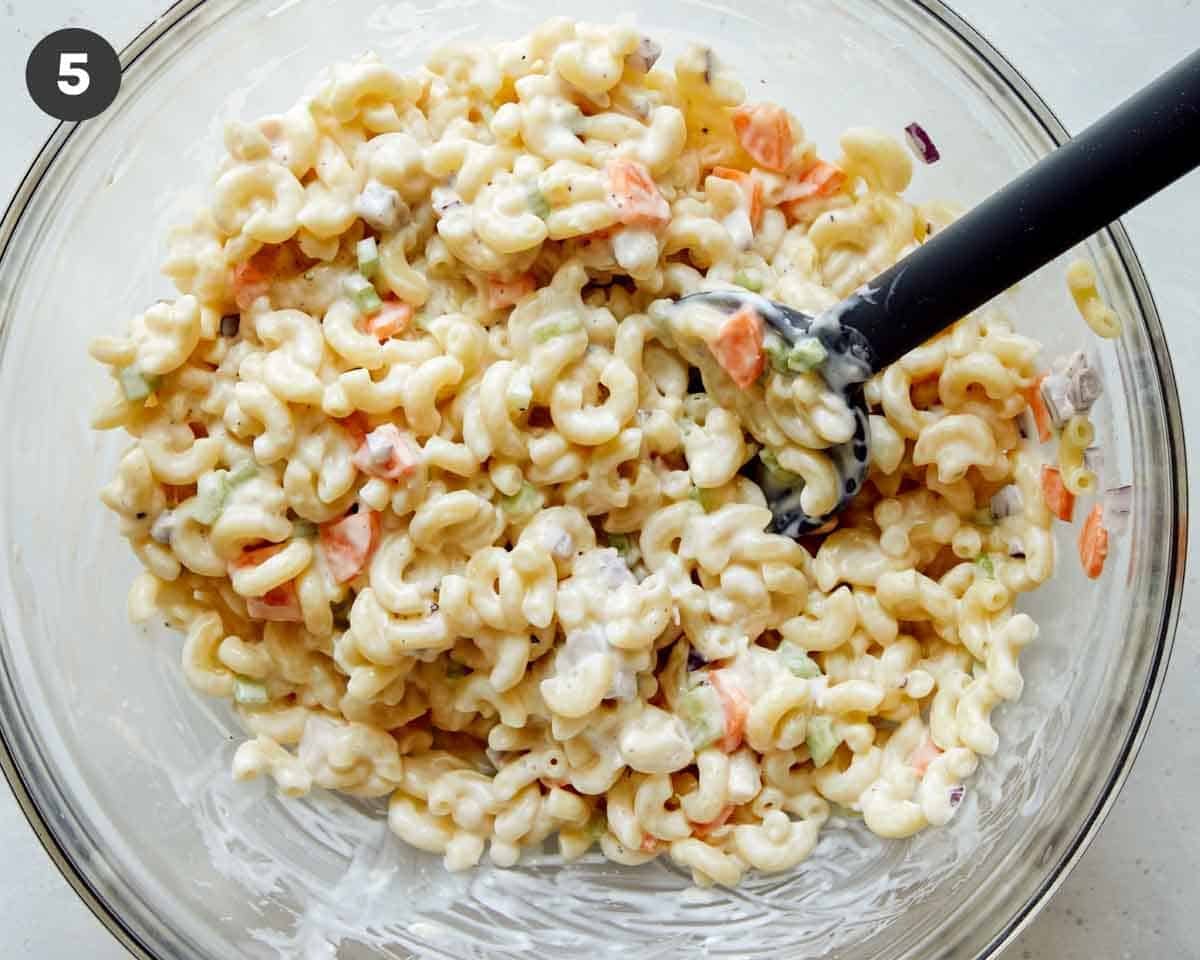 Hawaiian style macaroni salad in a bowl. 