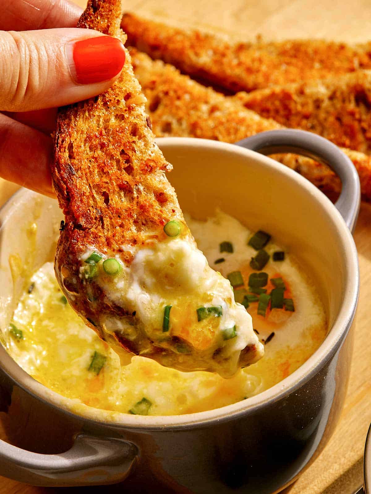 Baked eggs with toast dipped in.