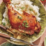 Braised chicken on a plate with rice.