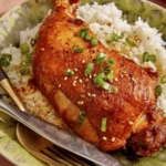 Braised chicken on a plate with rice.