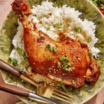 Braised chicken on a plate with rice.