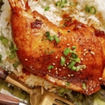 Braised chicken on a plate with rice.