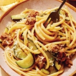 One pot pasta with sausage and zucchini.