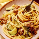 One pot pasta with sausage and zucchini.