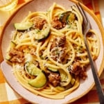 One pot pasta recipe in a bowl with a fork.