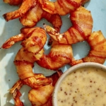 Air fryer bacon wrapped shrimp on a platter with honey mustard.