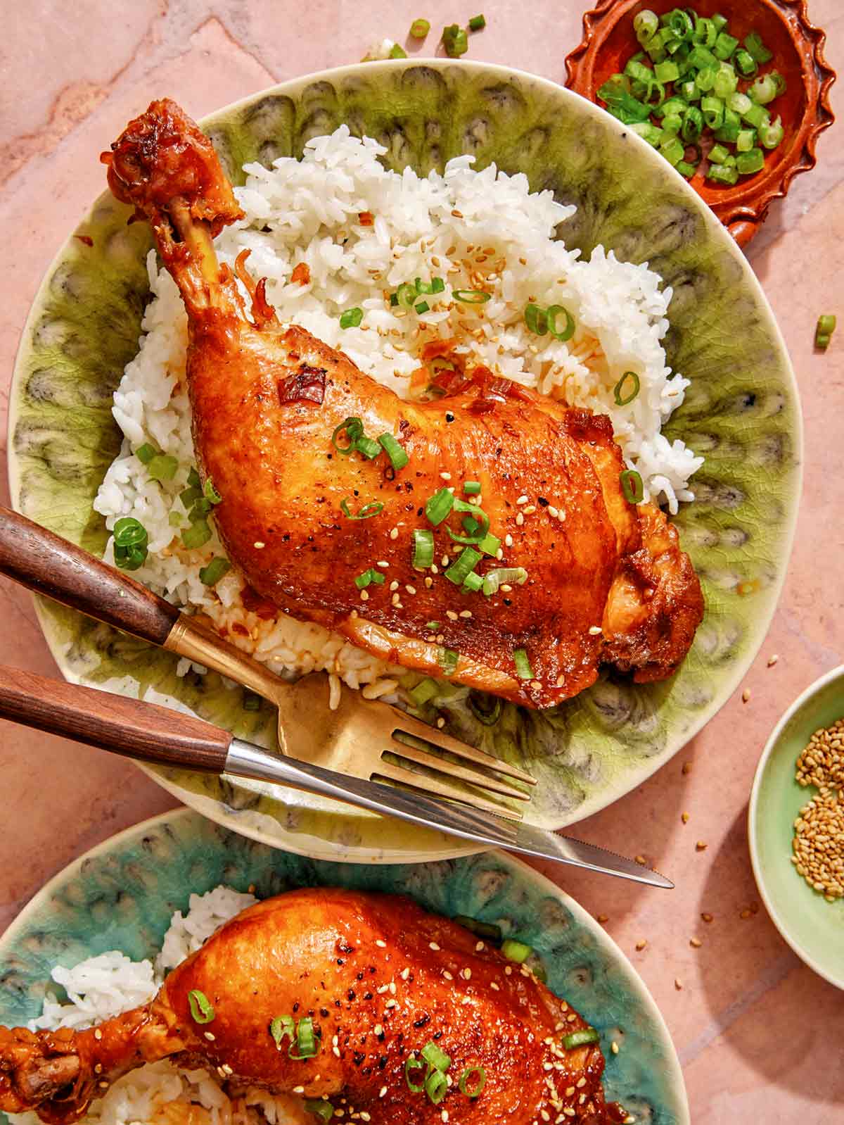 Garlic and ginger braised chicken recipe on two plates with rice. 