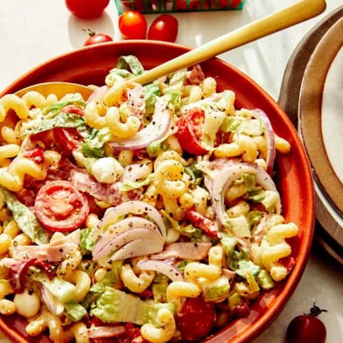 Grinder pasta salad in a bowl with a spoon in it.