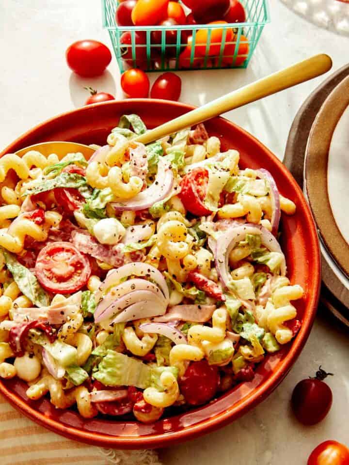 Grinder pasta salad in a bowl with a spoon in it.