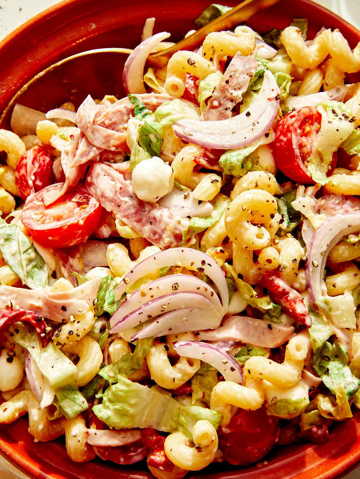 Grinder pasta salad recipe in a bowl up close. 