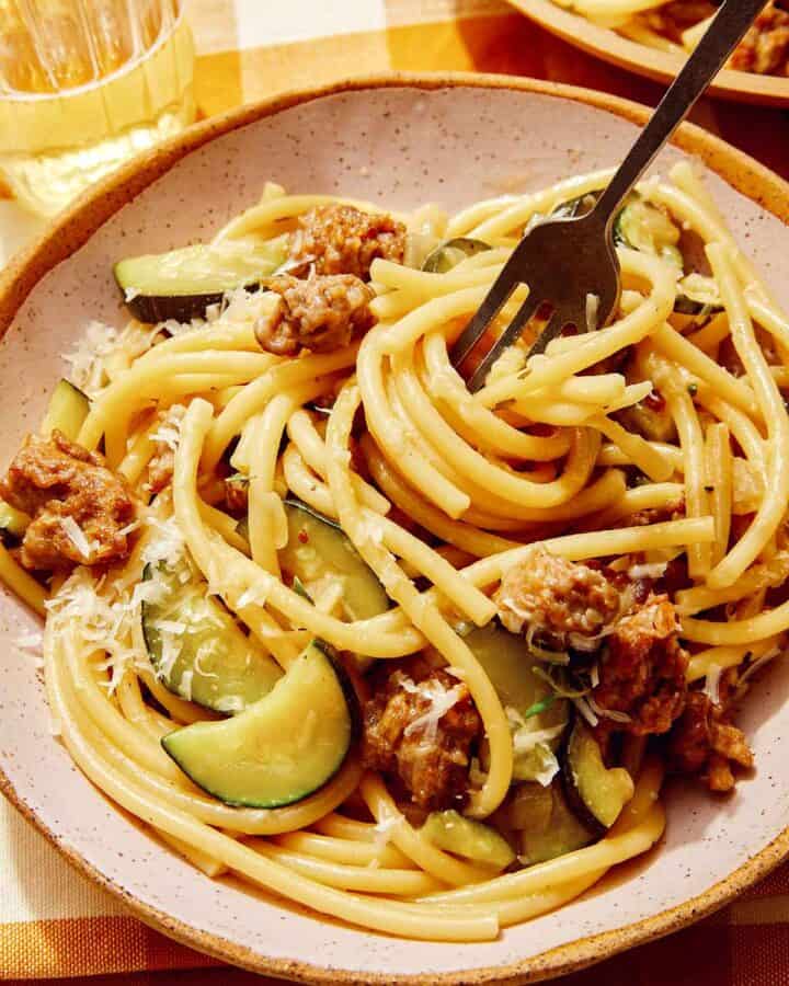 One pot pasta with sausage and zucchini.