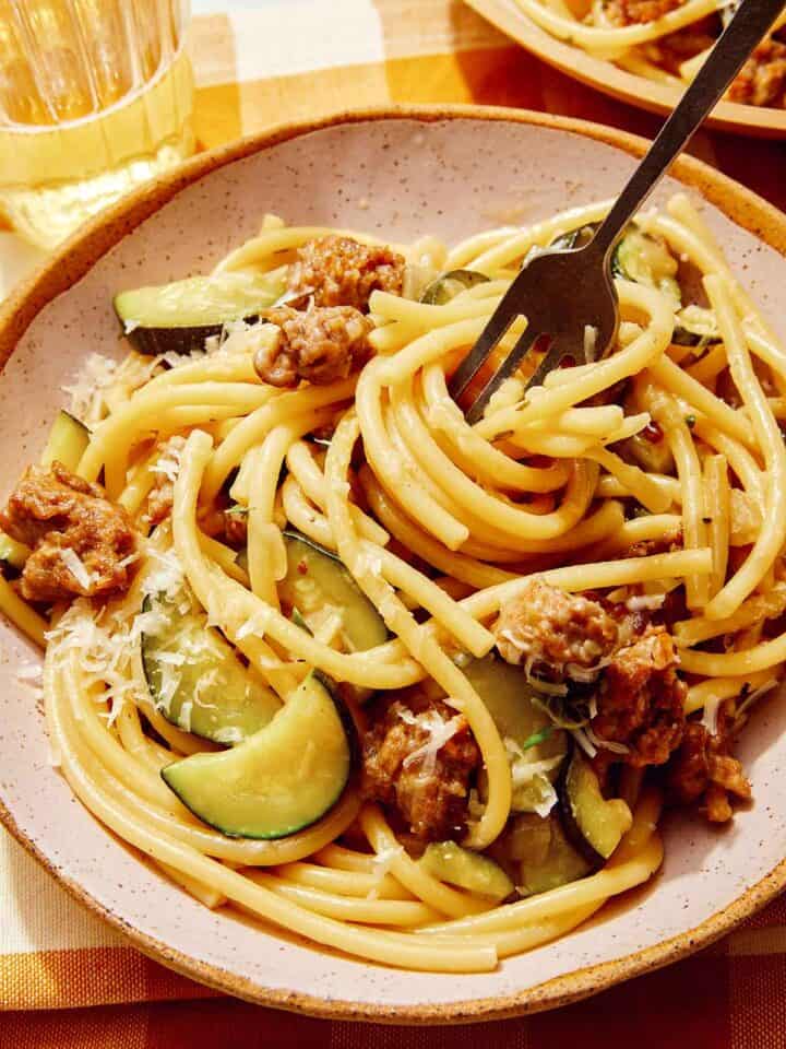 One pot pasta with sausage and zucchini.