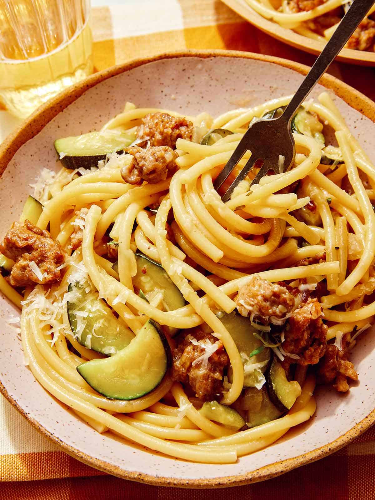 One pot pasta with sausage and zucchini. 