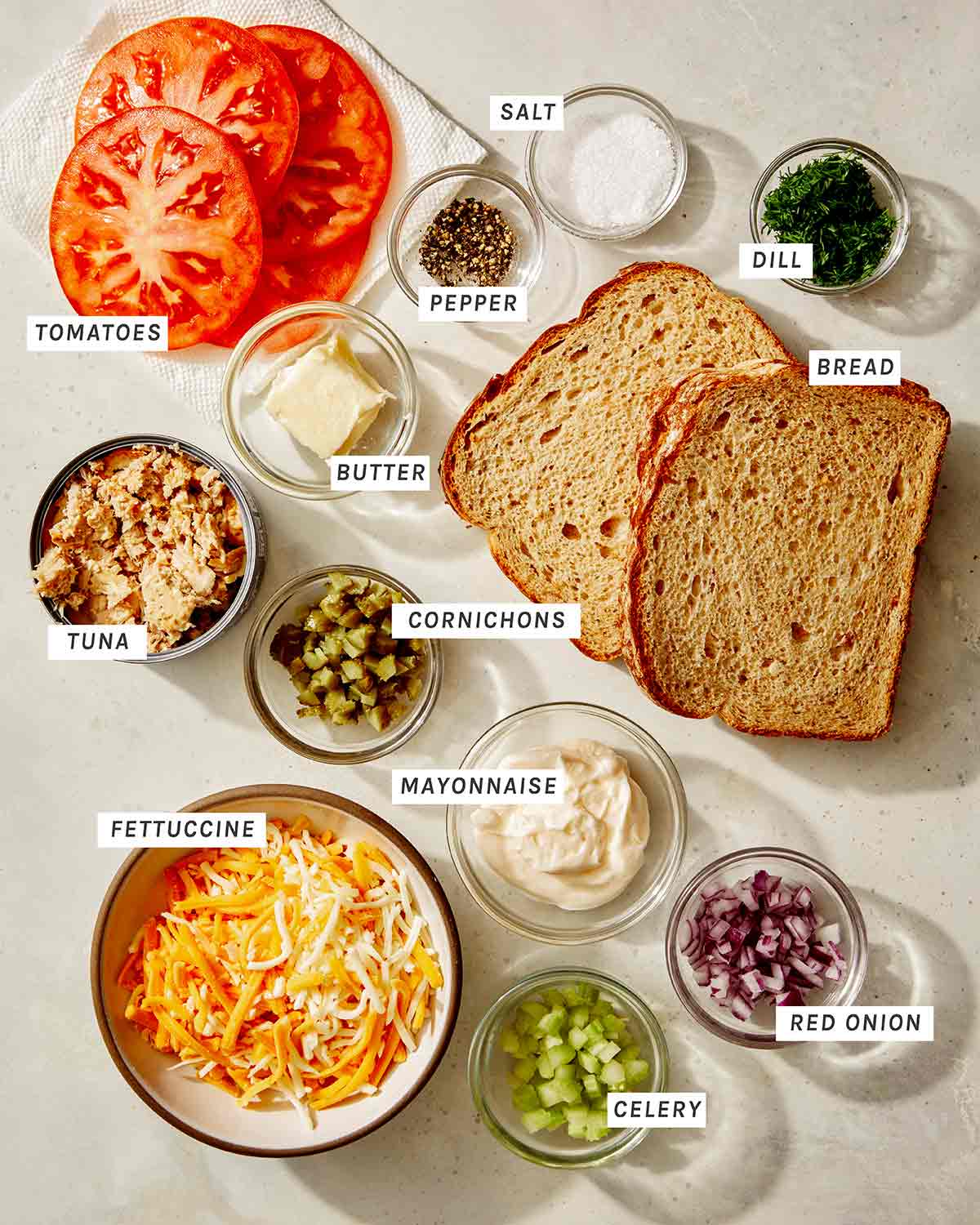 Tuna melt ingredients all laid out.