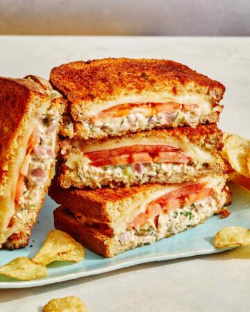 Air fryer tuna melts on a plate stacked.