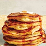 Buttermilk Pancake recipe with syrup poured on top.