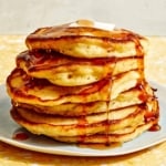 Buttermilk Pancake recipe with syrup poured on top.