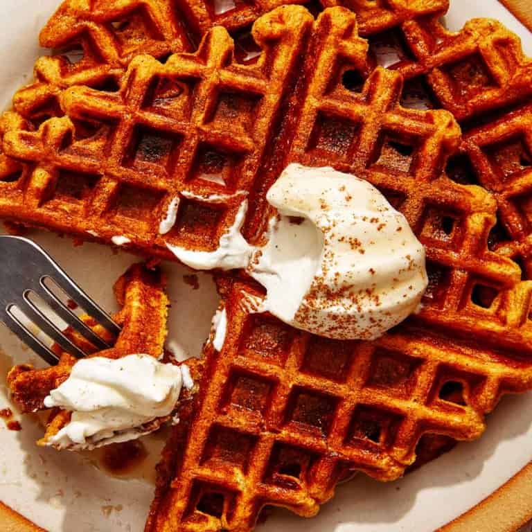 Pumpkin Spiced Waffles Spoon Fork Bacon