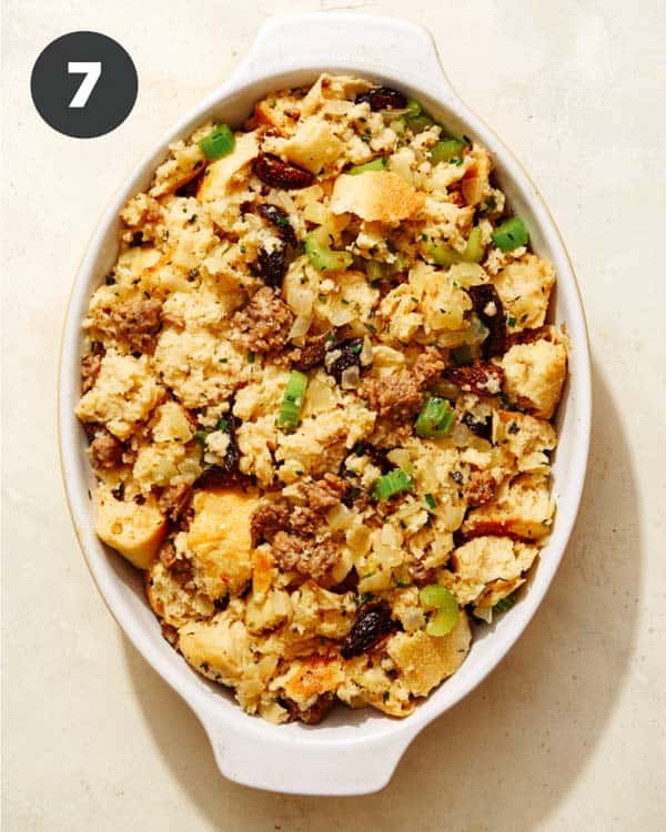 Sausage and sage stuffing in a casserole dish. 