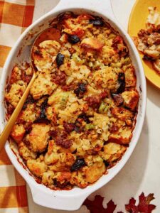 Sausage and sage stuffing in a casserole dish.
