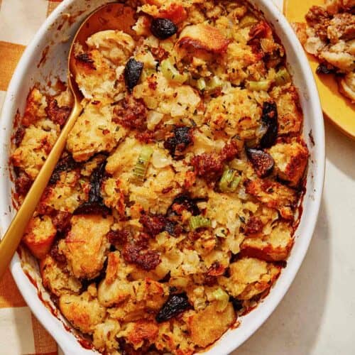 Sausage and sage stuffing in a casserole dish.
