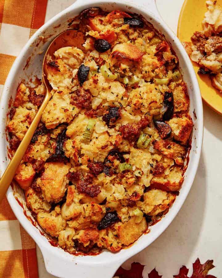 Sausage and sage stuffing in a casserole dish.