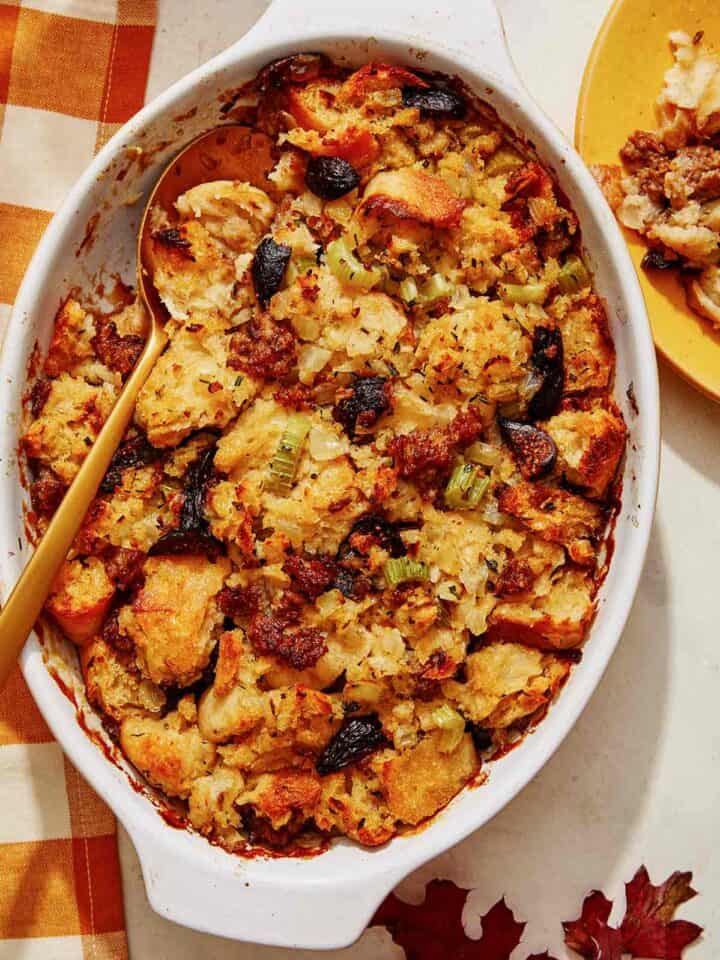 Sausage and sage stuffing in a casserole dish.