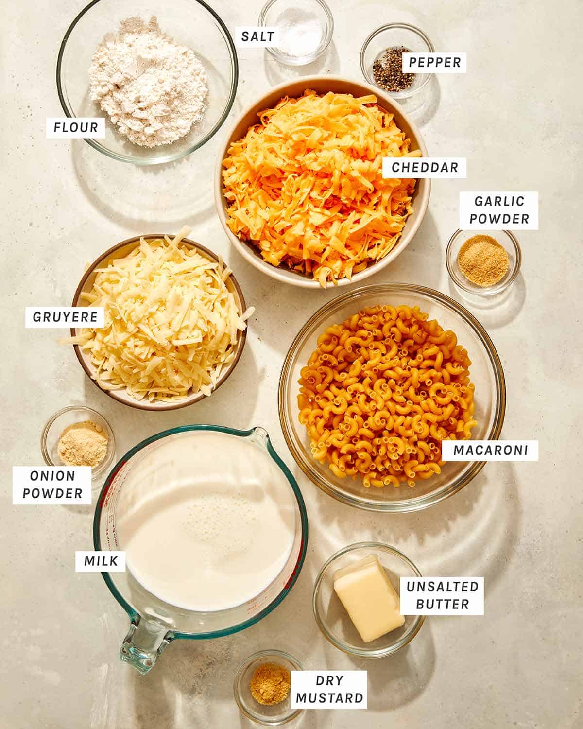 Ingredients to make baked mac and cheese. 