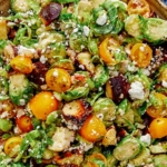Brussel sprout salad recipe in a bowl close up.
