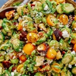 Shaved brussel sprout salad recipe in a bowl.