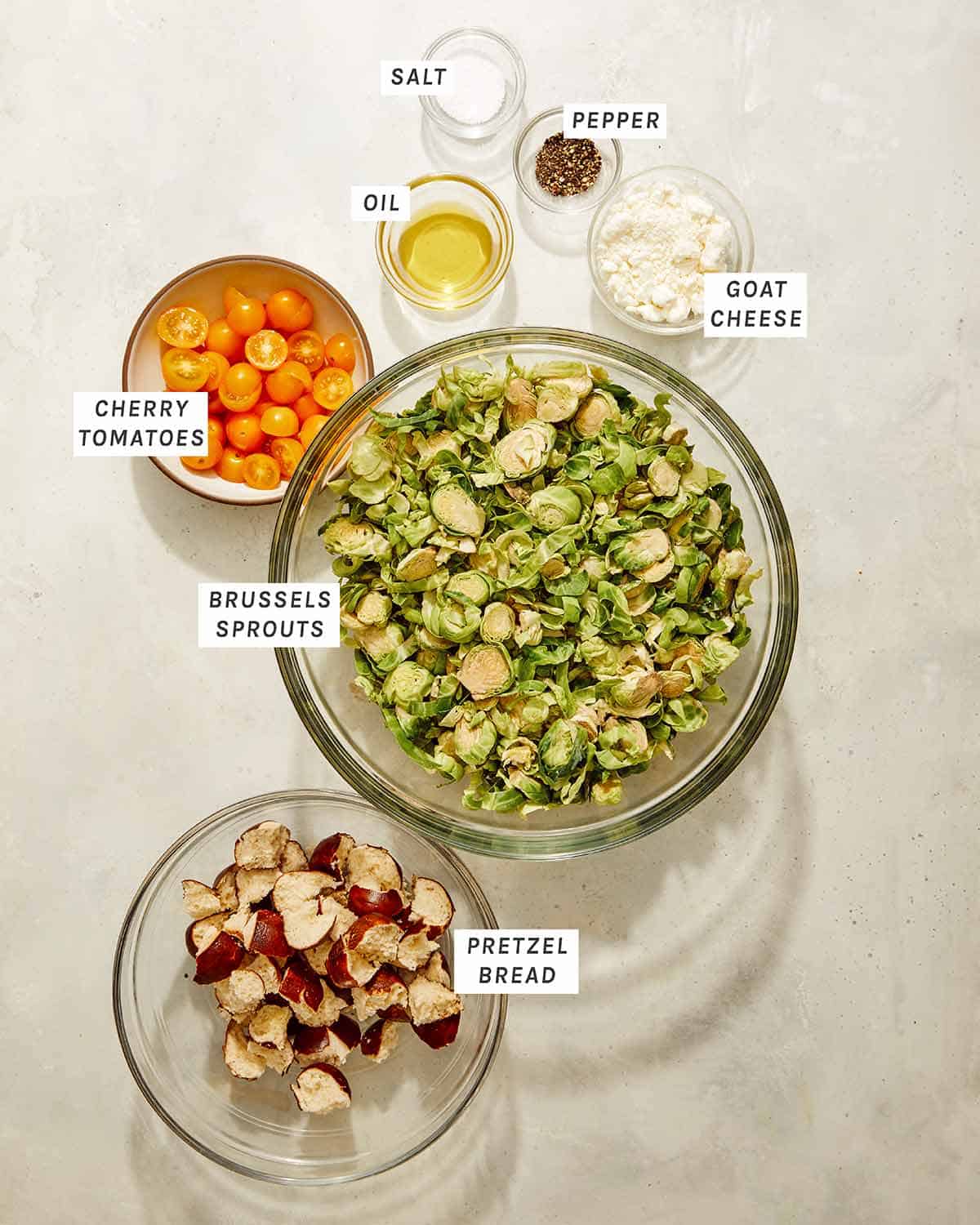 Ingredients to make a brussel sprout salad recipe. 