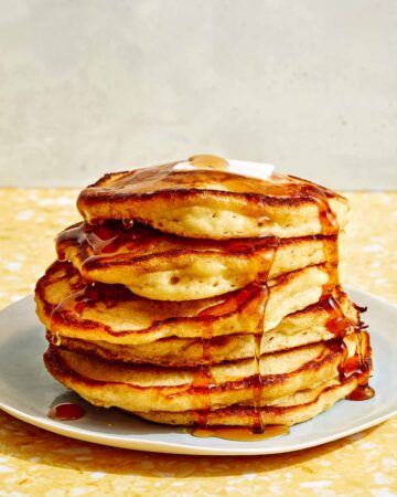 Buttermilk Pancake recipe with syrup poured on top.